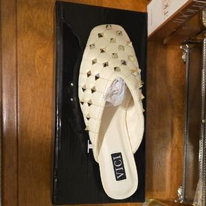 VICI Cream Woven Slip-On Mules with Gold Stud Accents